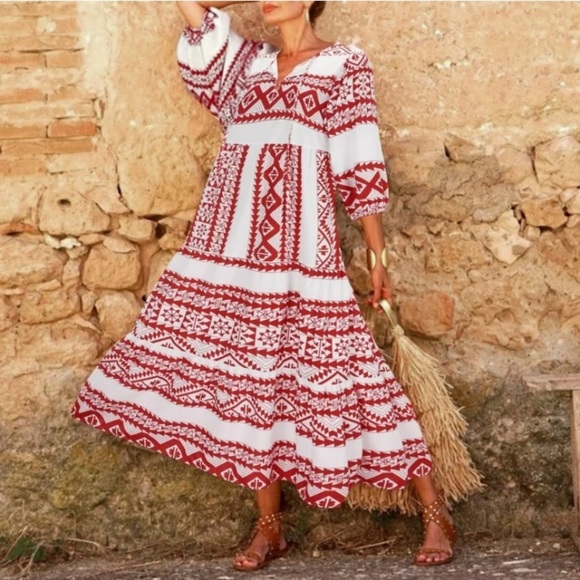 New Boho Ethic Geo Aztec Tribal Pattern Maxi Dress Loose Long Puff Sleeves Vneck - Picture 16 of 16